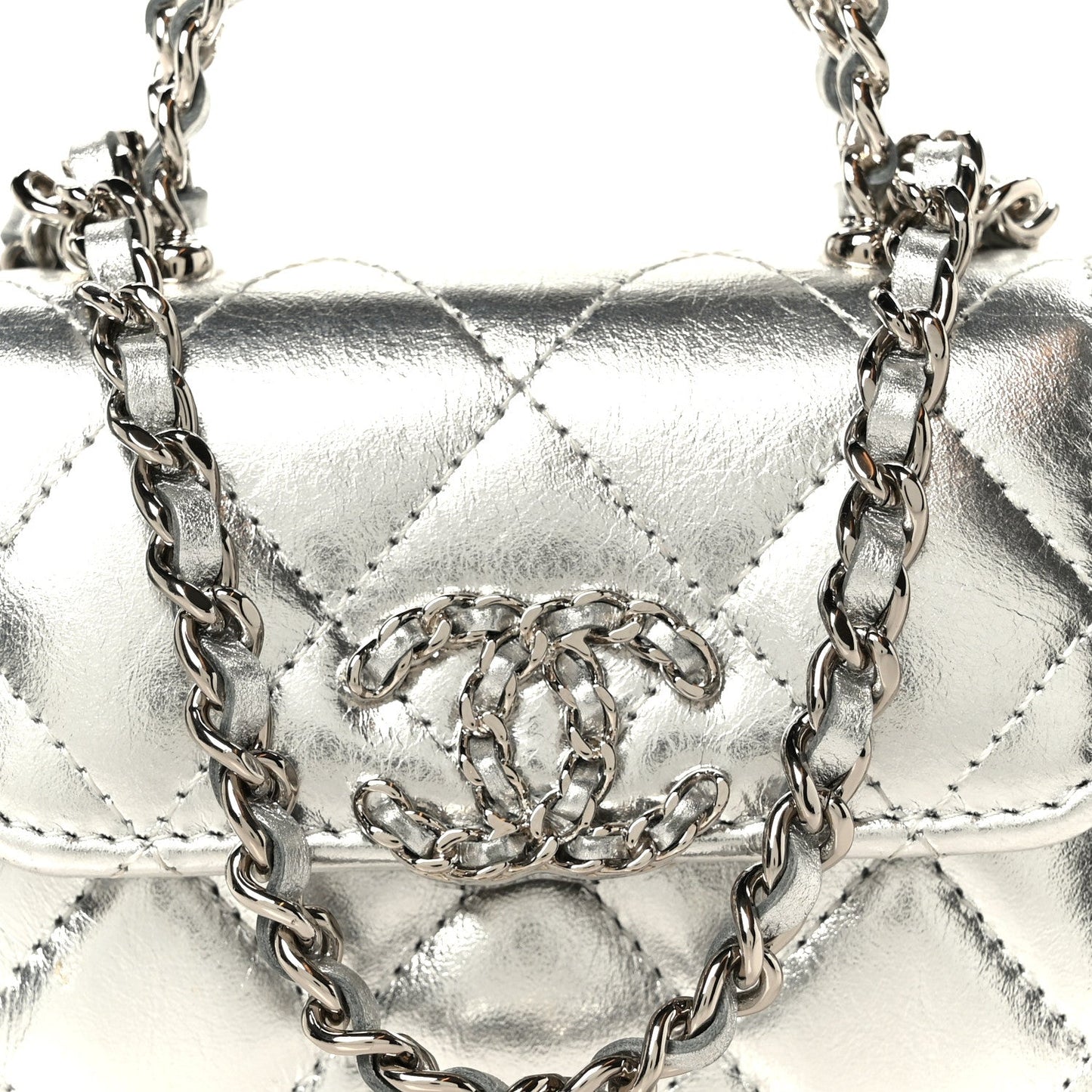 Metallic Lambskin Quilted Mini Chain CC Top Handle Clutch With Chain Silver