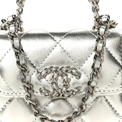 Metallic Lambskin Quilted Mini Chain CC Top Handle Clutch With Chain Silver