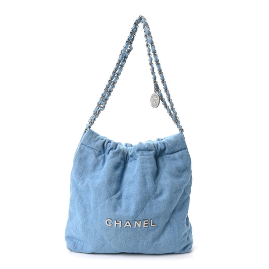 Denim Quilted Small Chanel 22 Light Blue