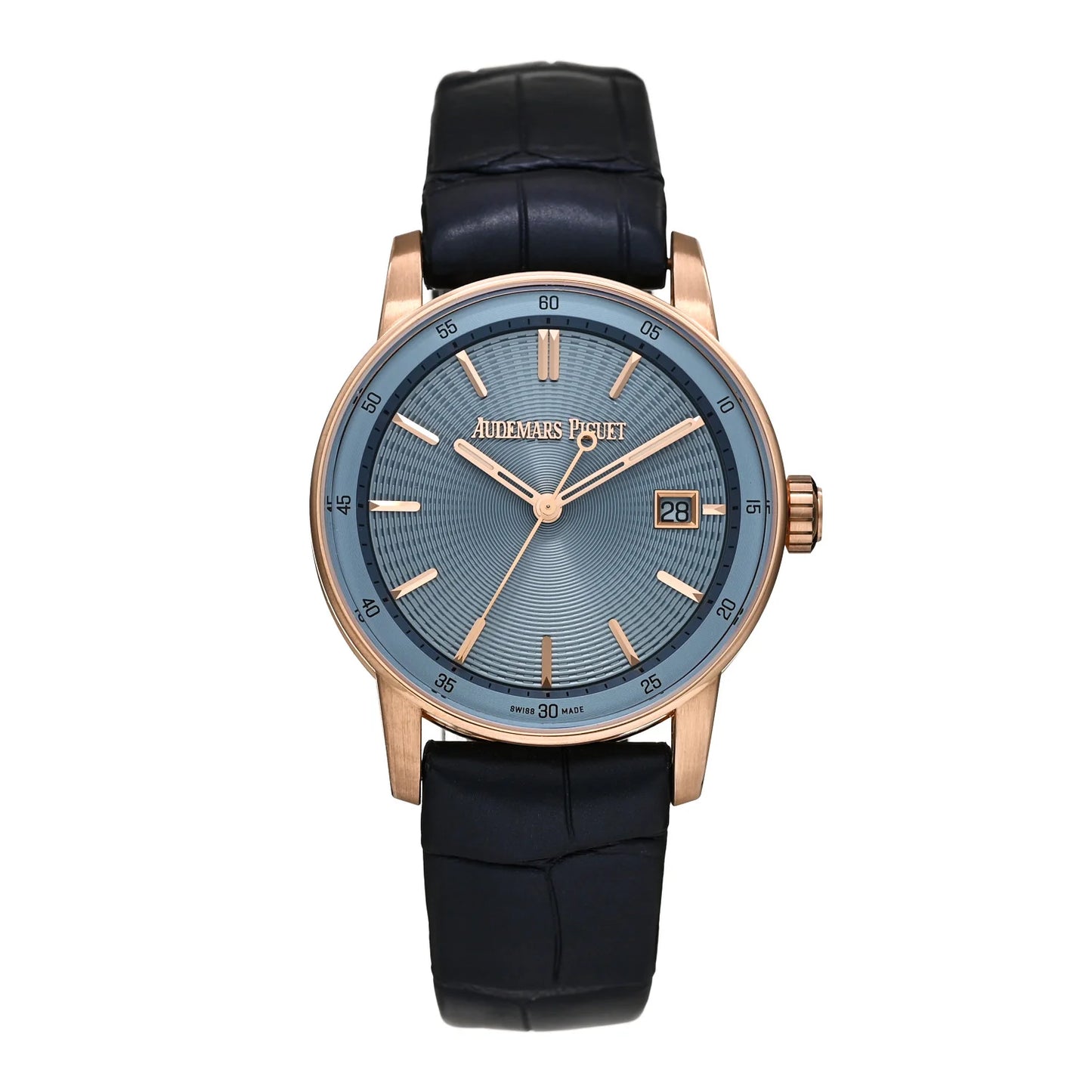 Audemars Piguet 18K Rose Gold Alligator 38mm Code 11.59 Automatic Watch Blue 77410OR.OO.A344CR.01