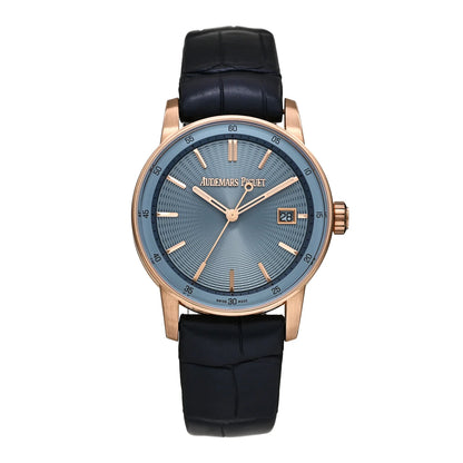 Audemars Piguet 18K Rose Gold Alligator 38mm Code 11.59 Automatic Watch Blue 77410OR.OO.A344CR.01
