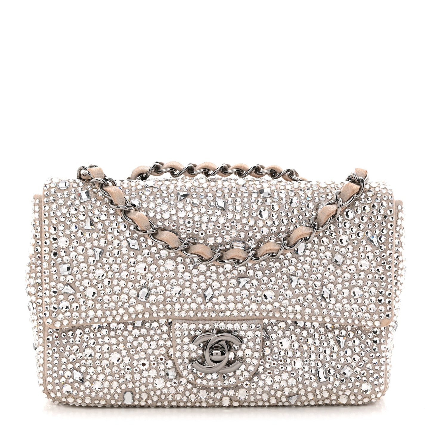 Suede Calfskin Crystal Mini Flap Silver