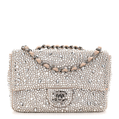 Suede Calfskin Crystal Mini Flap Silver