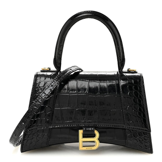 Shiny Calfskin Crocodile Embossed Small Hourglass Top Handle Bag Black