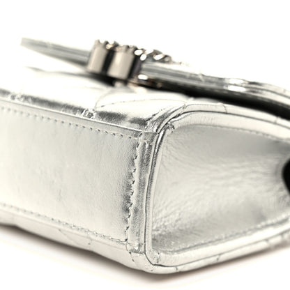 Metallic Lambskin Quilted Mini Chain CC Top Handle Clutch With Chain Silver