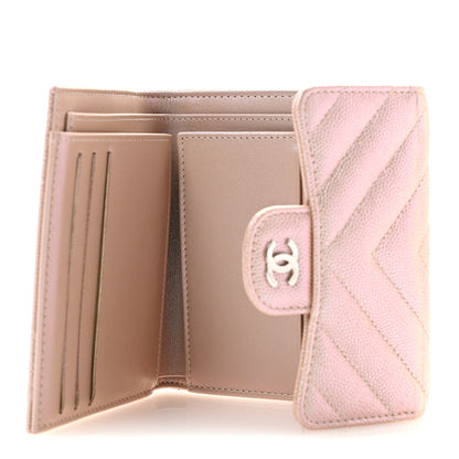 Metallic Caviar Chevron Quilted Compact Flap Wallet Light Gold
