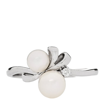 18K White Gold Diamond Akoya Cultured Pearl Ribbon Ring 51 5.75