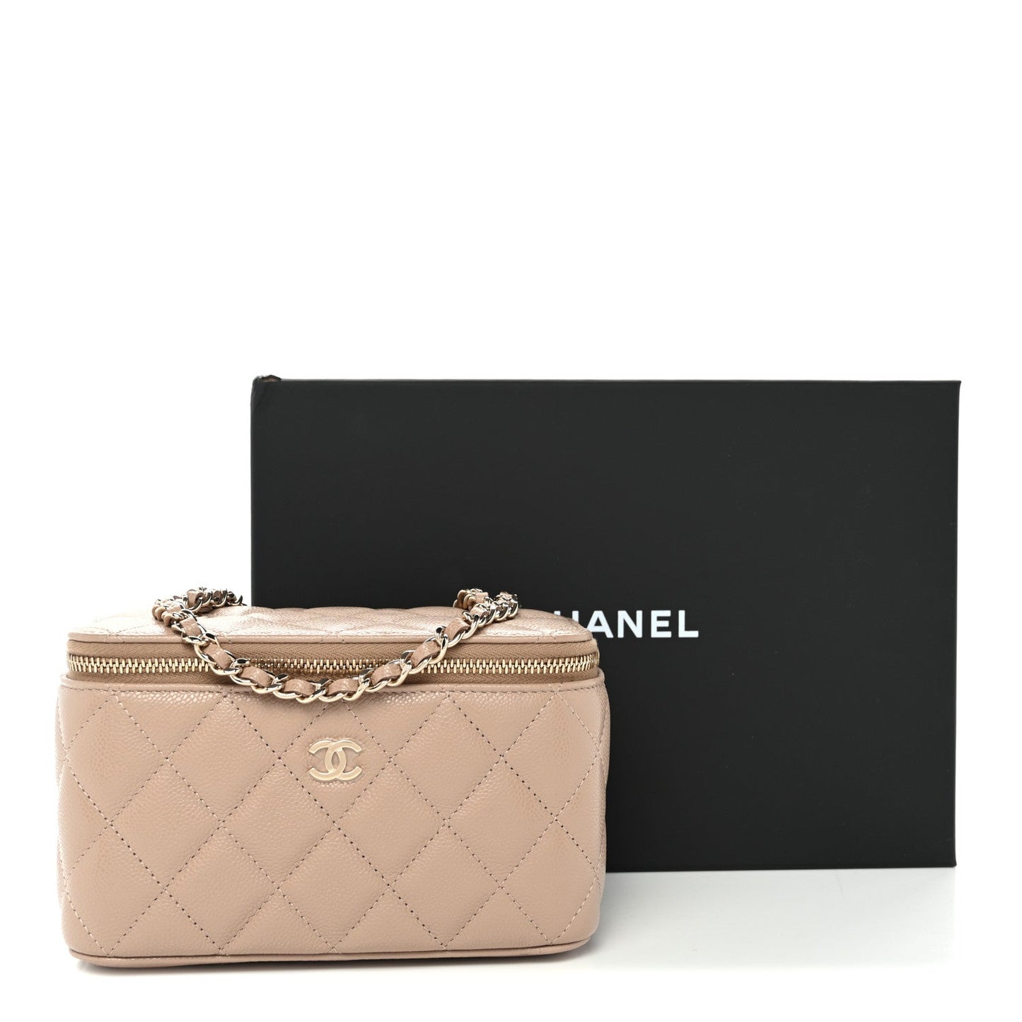 Caviar Quilted Small Vanity Case With Chain Dark Beige