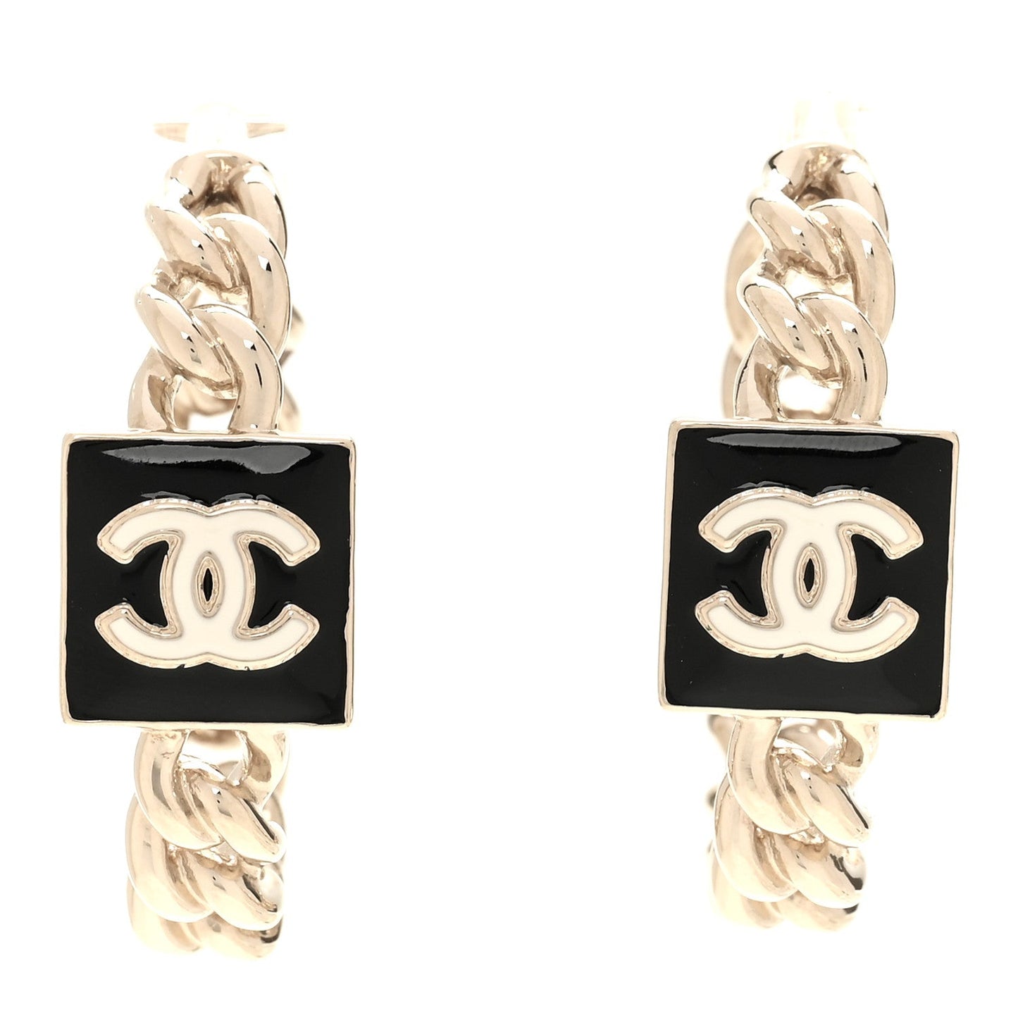 Metal Enamel CC Square Chain Hoop Earrings Gold Black