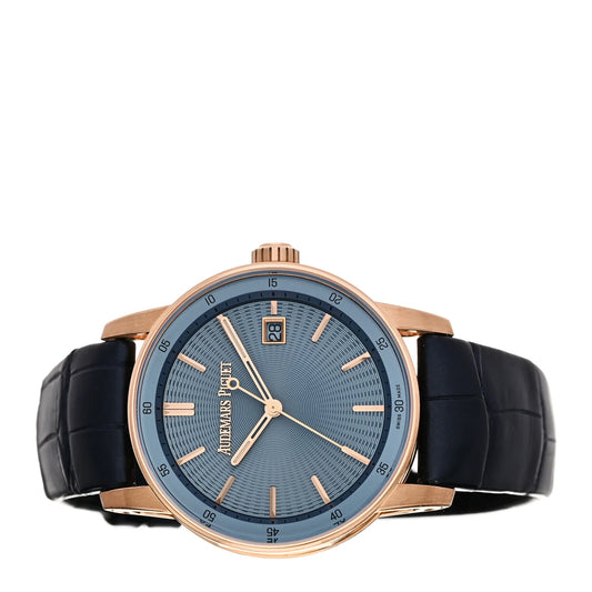 Audemars Piguet 18K Rose Gold Alligator 38mm Code 11.59 Automatic Watch Blue 77410OR.OO.A344CR.01