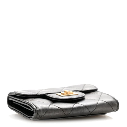 Metallic Calfskin Quilted Reissue Card Holder Wallet Charcoal