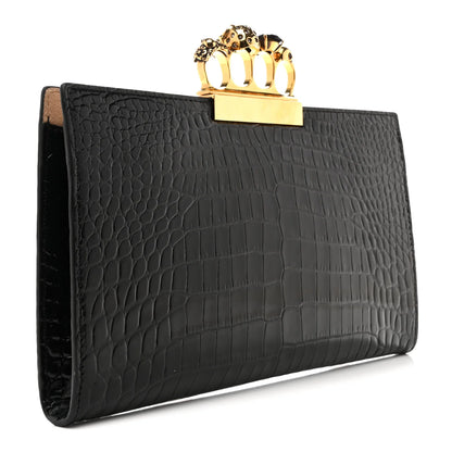 Alexander McQueen Calfskin Crocodile Embossed Knuckle Flat Clutch Black Gold