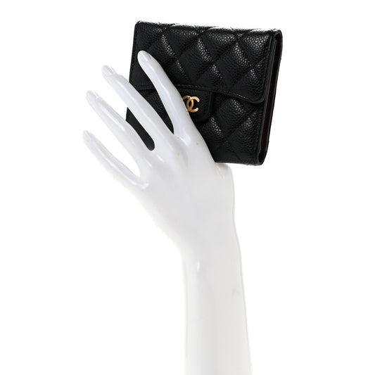 Caviar Quilted Compact Flap Wallet Black