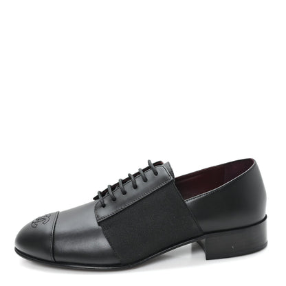 Calfskin Elastic Lace Up Cap Toe CC Loafers 37.5 Black