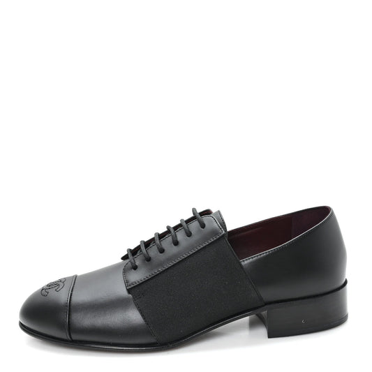 Calfskin Elastic Lace Up Cap Toe CC Loafers 37.5 Black