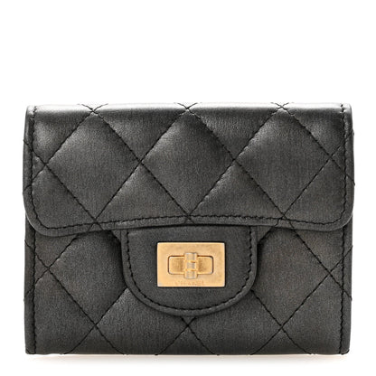 Metallic Calfskin Quilted Reissue Card Holder Wallet Charcoal