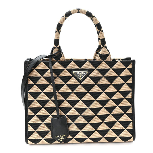 Jacquard Saffiano Triangolo Symbole Embroidered Small Tote  Black Corda