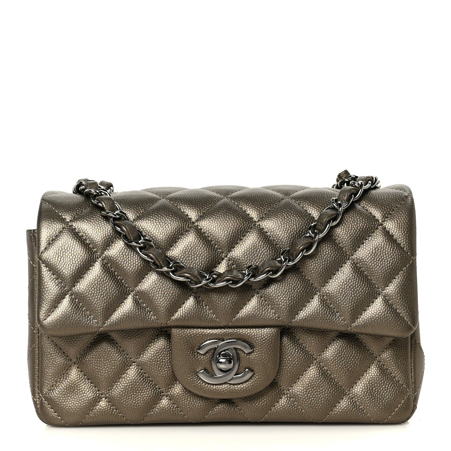Iridescent Caviar Quilted Mini Rectangular Flap Bronze