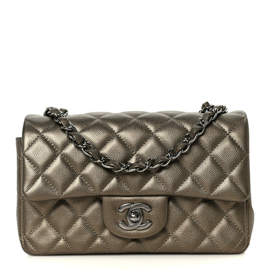 Iridescent Caviar Quilted Mini Rectangular Flap Bronze