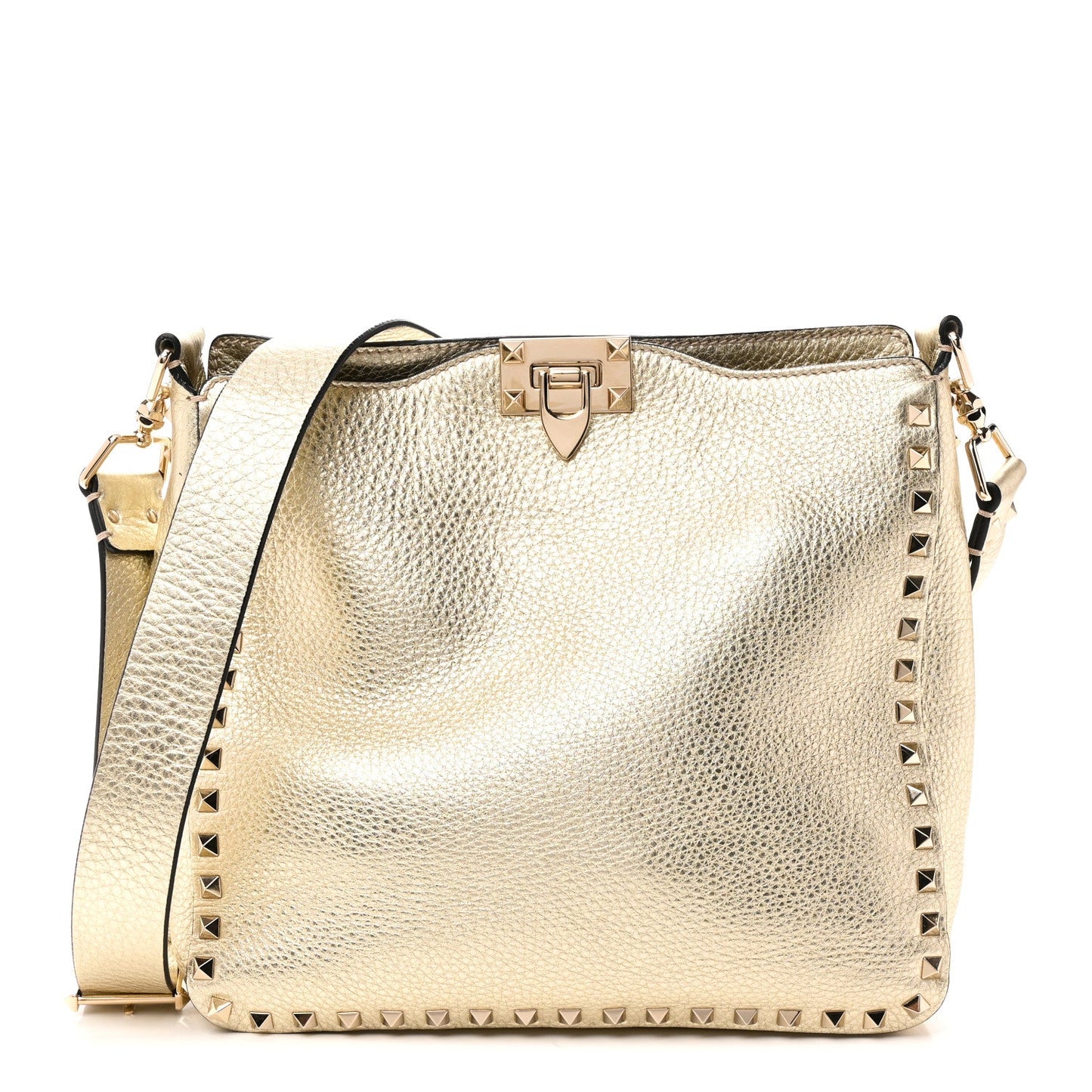 Metallic Pebbled Calfskin Small Rockstud Flip-Lock Messenger Bag Platino