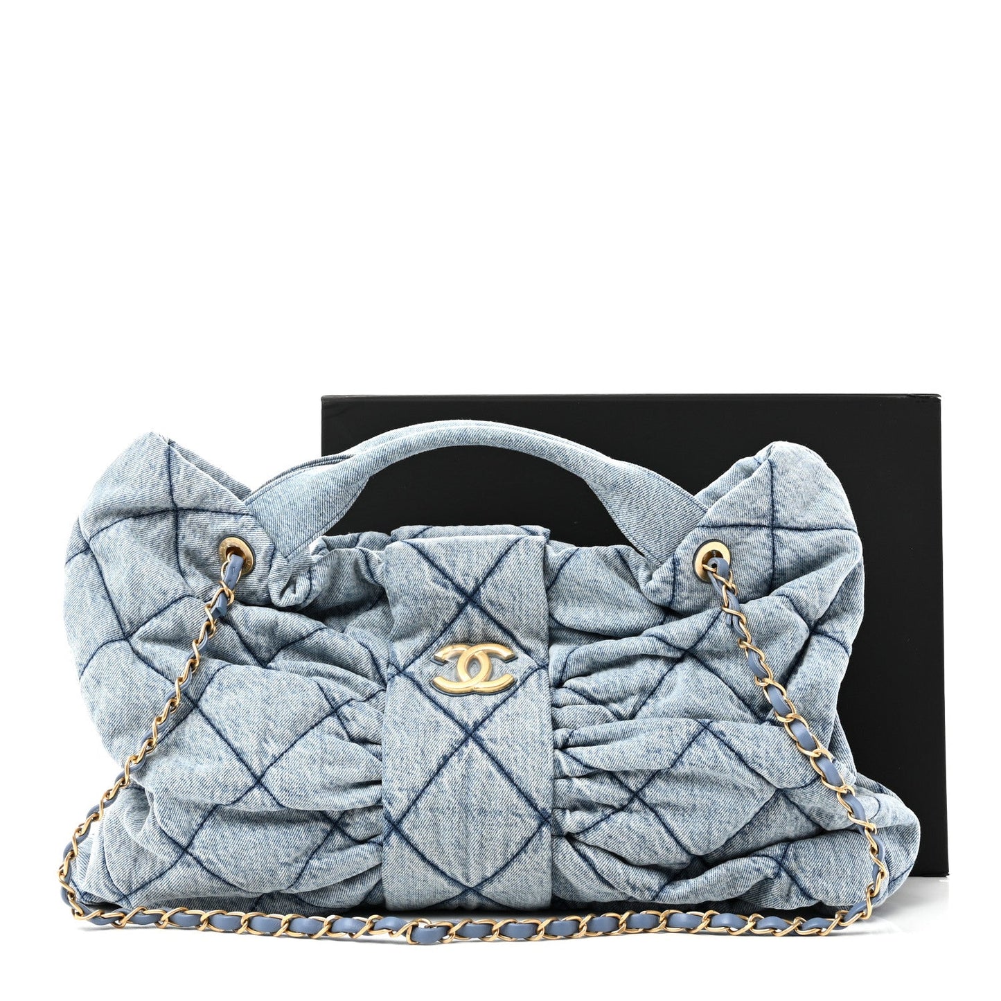 Washed Denim Quilted Maxi Bow Bag Blue