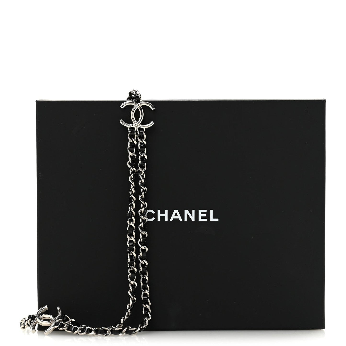 Metal Patent CC Double Chain Necklace Black Silver