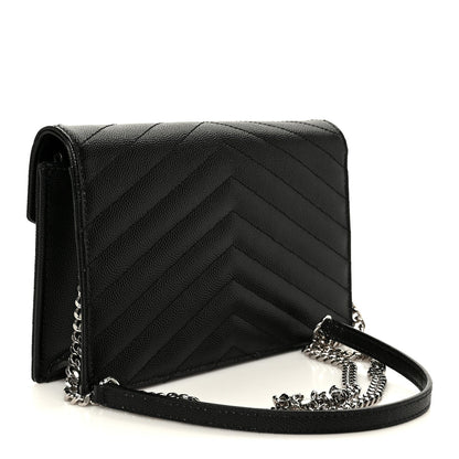 Grain De Poudre Matelasse Chevron Monogram Envelope Chain Wallet Black