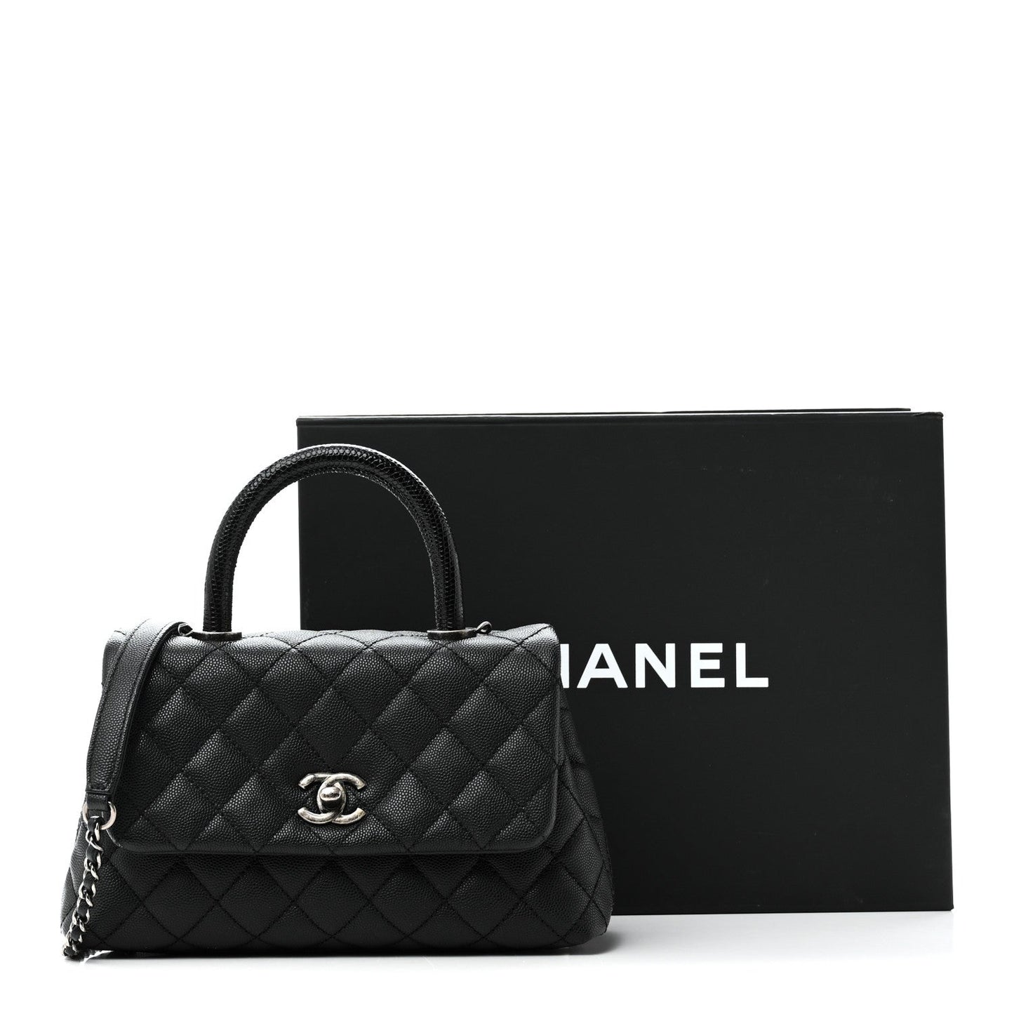 Caviar Lizard Embossed Quilted Mini Coco Handle Flap Black