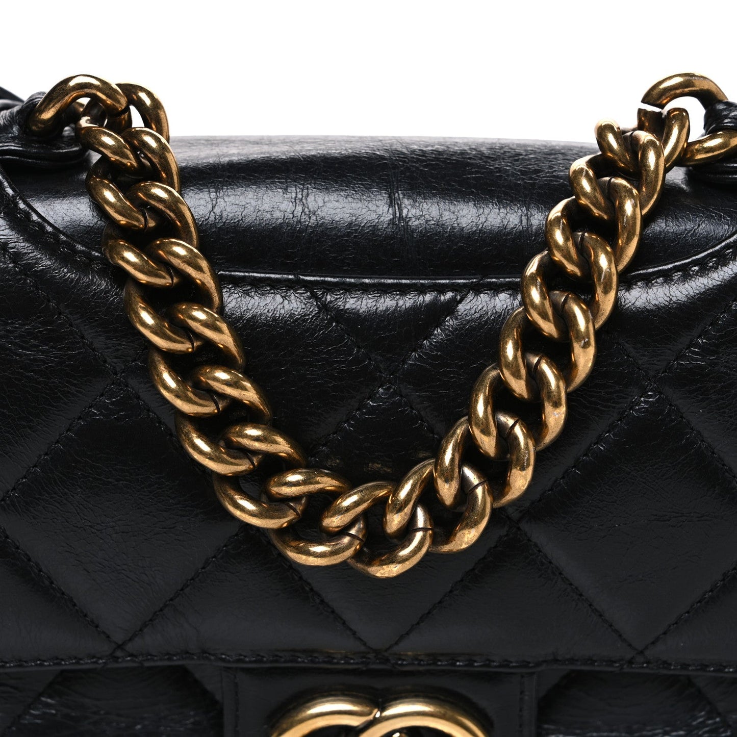 Glazed Calfskin Quilted Medium Perfect Edge Flap Black