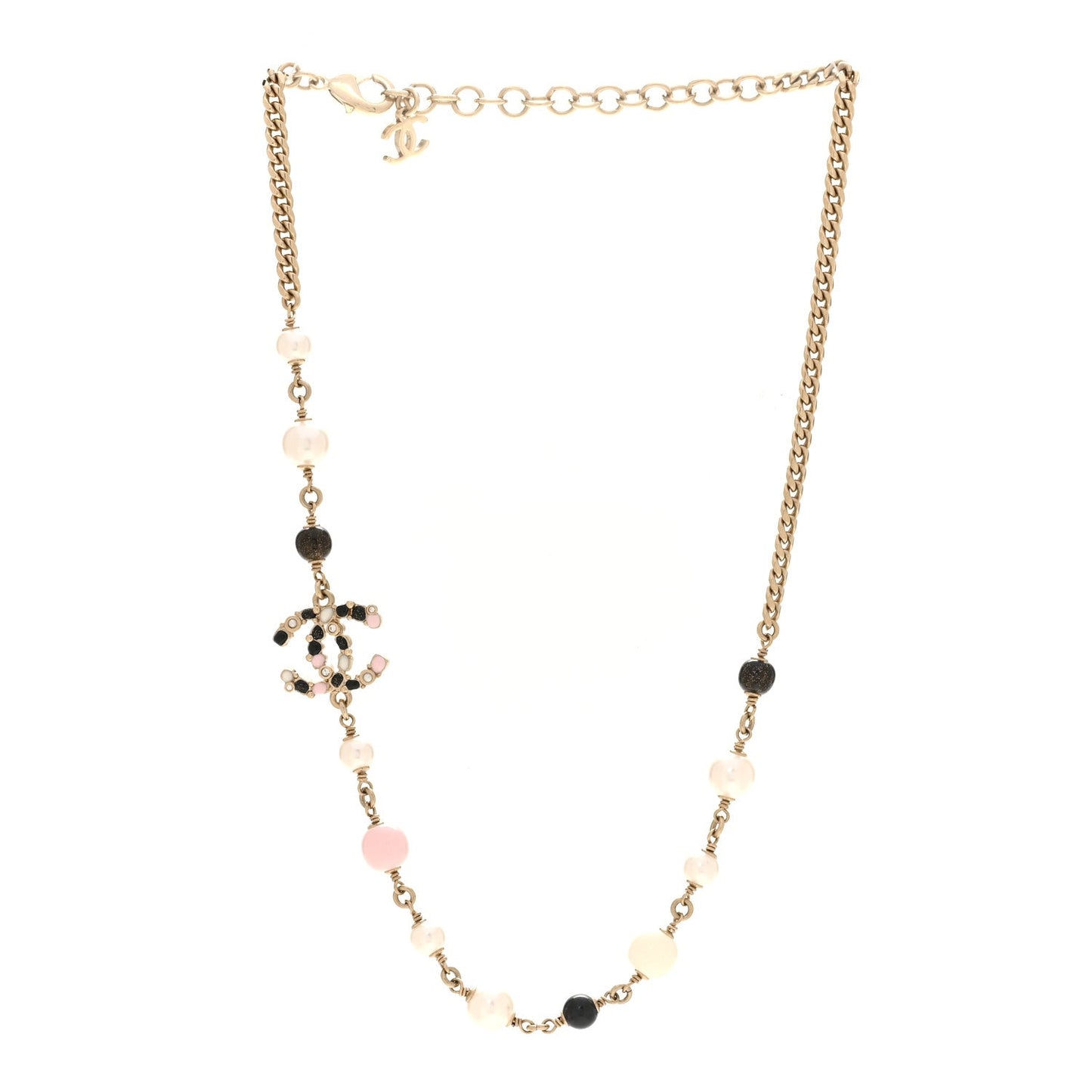 Pearl Beaded CC Necklace Gold Black White Pink