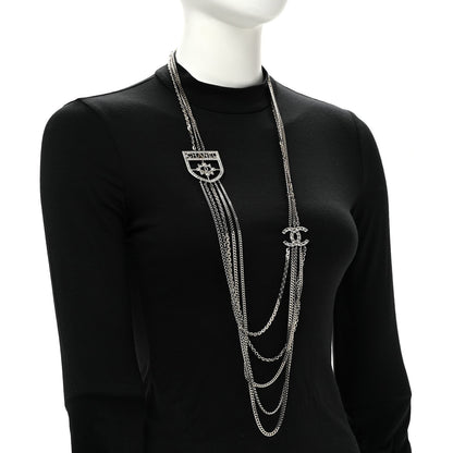 Baguette Crystal CC Shield Multi Strand Long Chain Necklace Silver