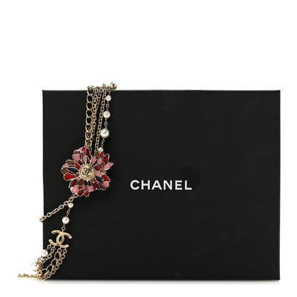Resin Pearl Metal CC Camellia Multi Strand Long Necklace Gold Pink Multicolor