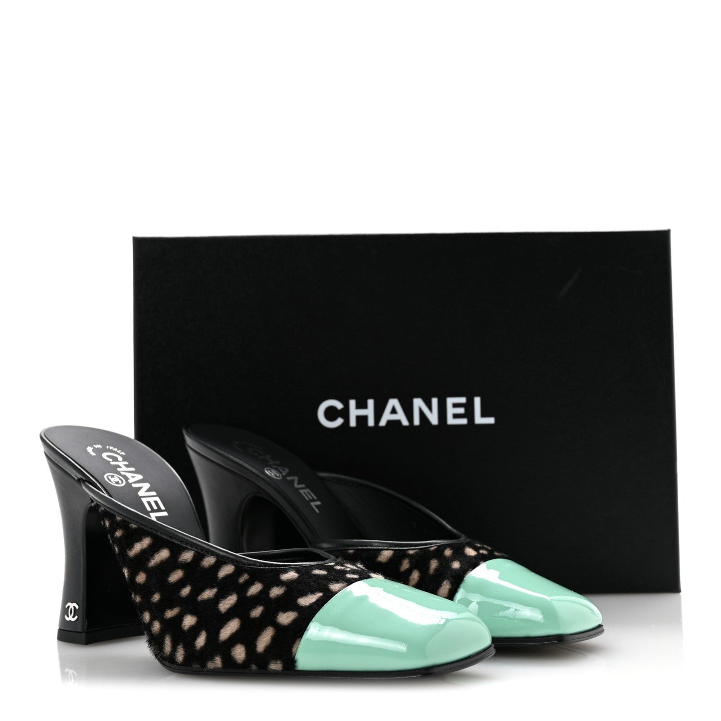Pony Hair Lambskin Patent Calfskin Cap Toe Mules 38.5 Black White Green