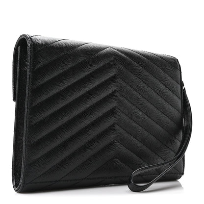 Grain De Poudre Matelasse Chevron Monogram Envelope Clutch Black
