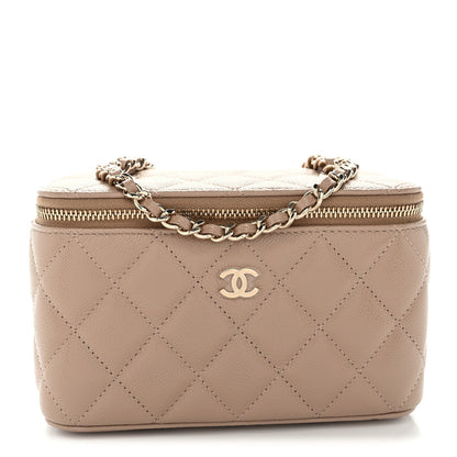 Caviar Quilted Small Vanity Case With Chain Dark Beige