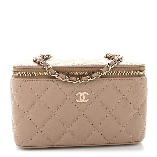 Caviar Quilted Small Vanity Case With Chain Dark Beige