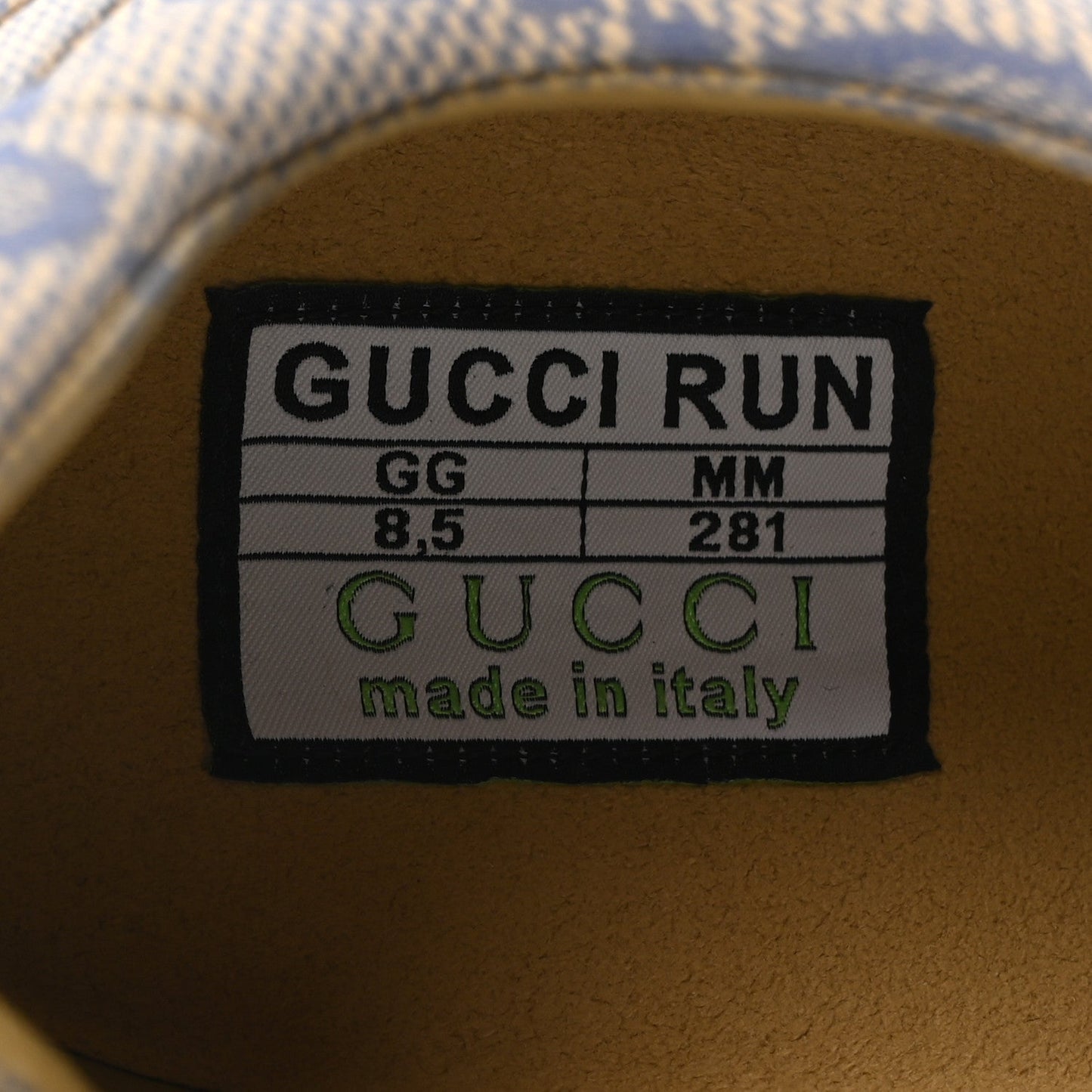 Ultralight Plume Calfskin Monogram Printed Mens Gucci Run Sneakers 8.5 Beige Blue