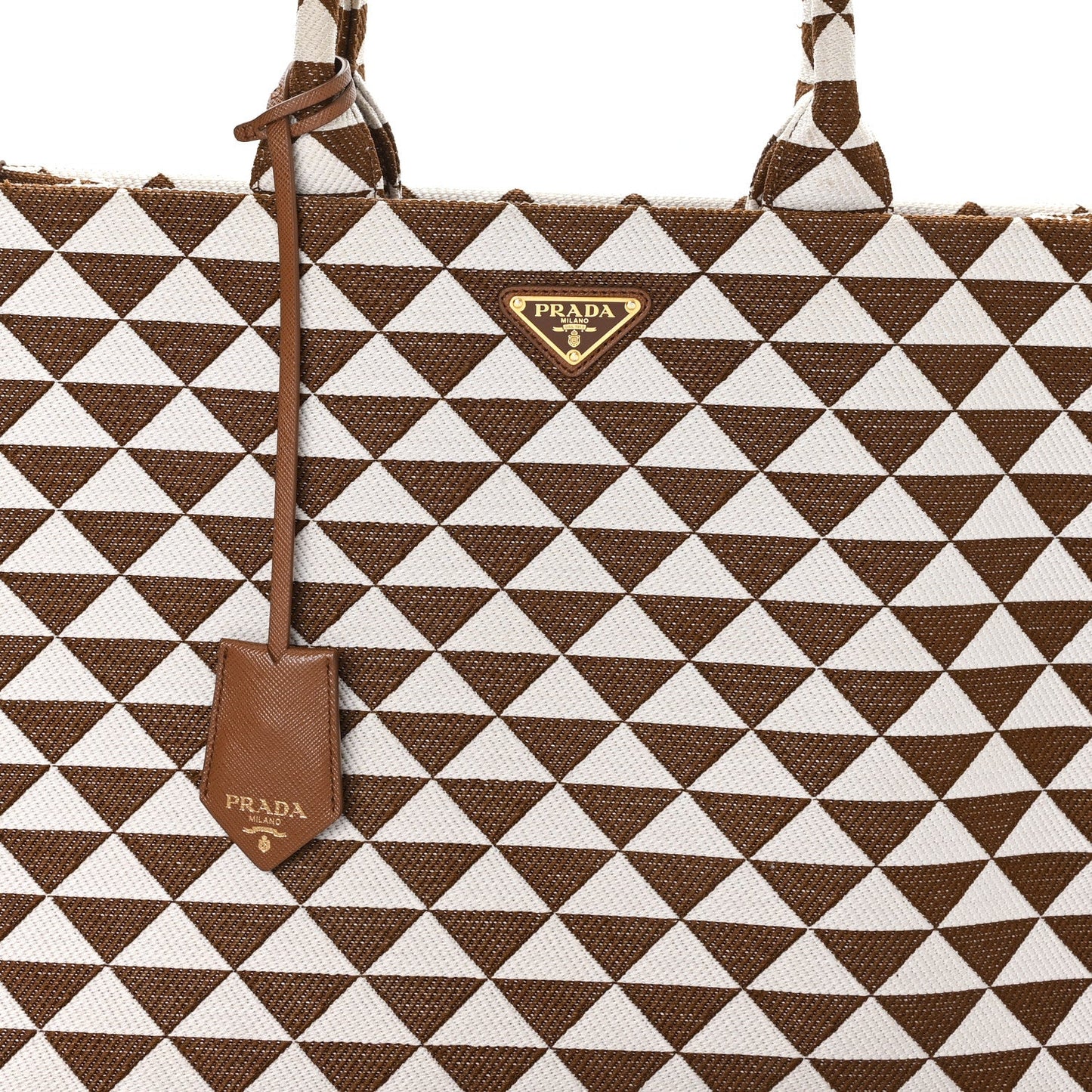 Jacquard Saffiano Triangolo Symbole Embroidered Large Tote Tobacco Talco