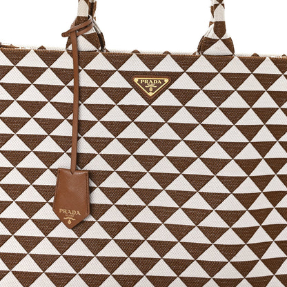 Jacquard Saffiano Triangolo Symbole Embroidered Large Tote Tobacco Talco