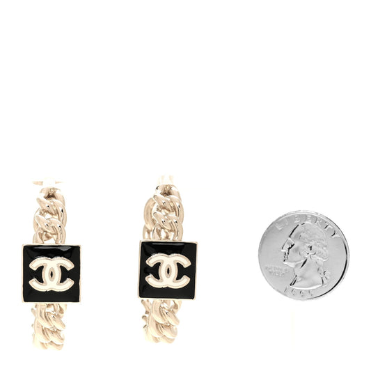 Metal Enamel CC Square Chain Hoop Earrings Gold Black