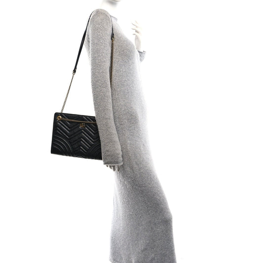 Azalea Calfskin Matelasse Heart Medium GG Marmont Slim Shoulder Bag Black