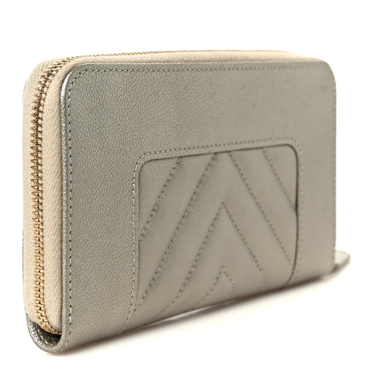 Metallic Sheepskin Chevron Quilted Medium Mademoiselle Vintage Zip Around Wallet Silver