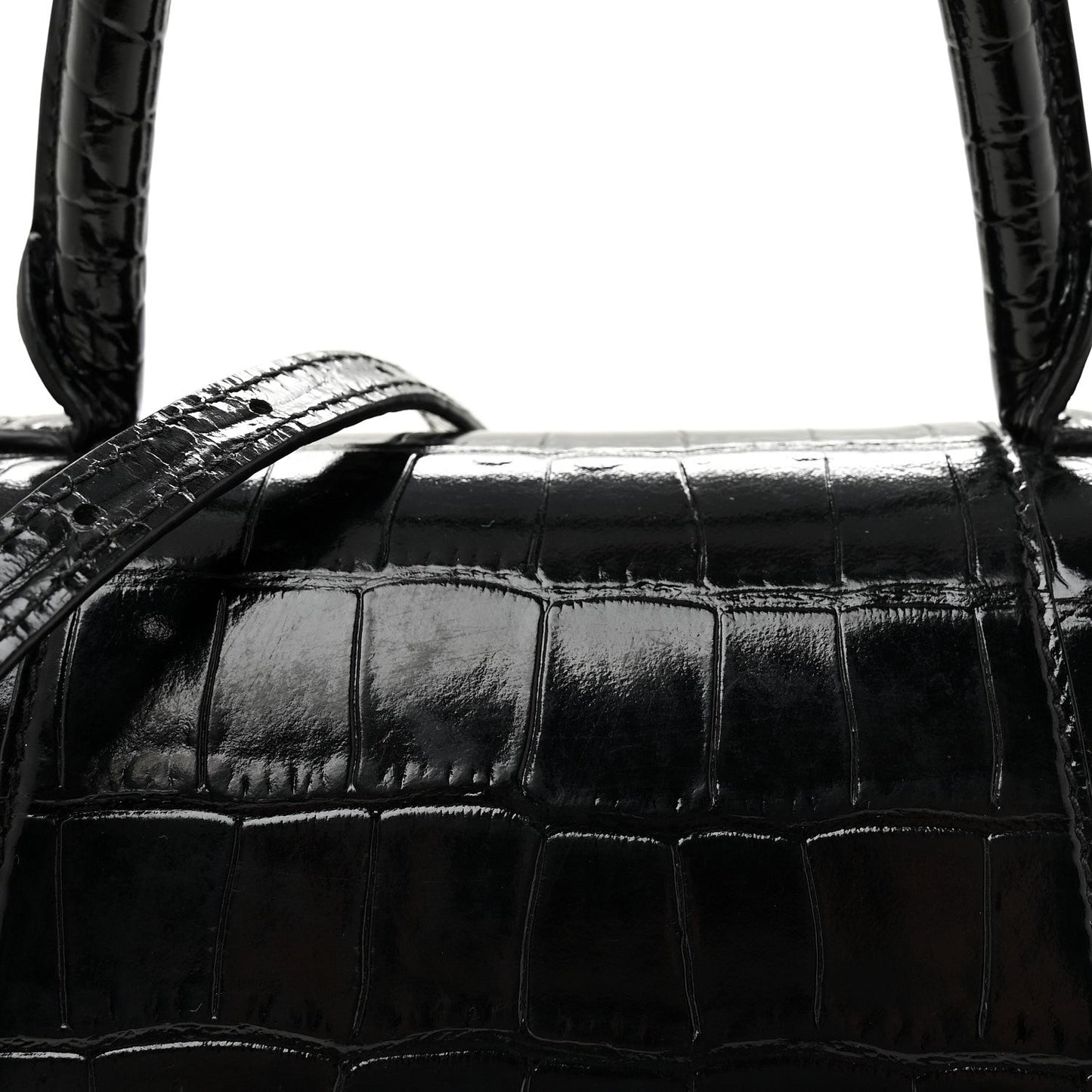 Shiny Calfskin Crocodile Embossed Small Hourglass Top Handle Bag Black