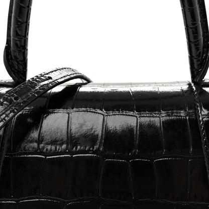Shiny Calfskin Crocodile Embossed Small Hourglass Top Handle Bag Black