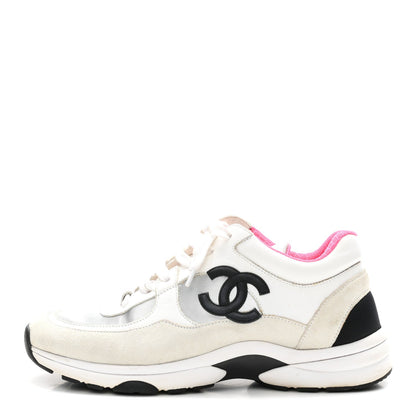 Calfskin Fabric Sneakers 39 White Silver Fluo Pink