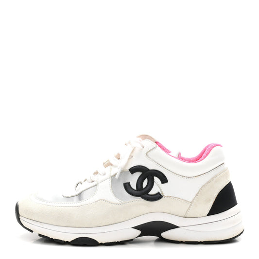 Calfskin Fabric Sneakers 39 White Silver Fluo Pink