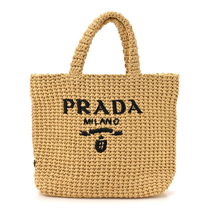 Yarn Raffia Effect Crochet Embroidered Small Logo Tote Naturale