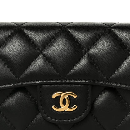 Lambskin Quilted Flap Card Holder Wallet Black