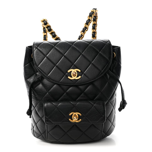 Lambskin Quilted Drawstring Backpack Black