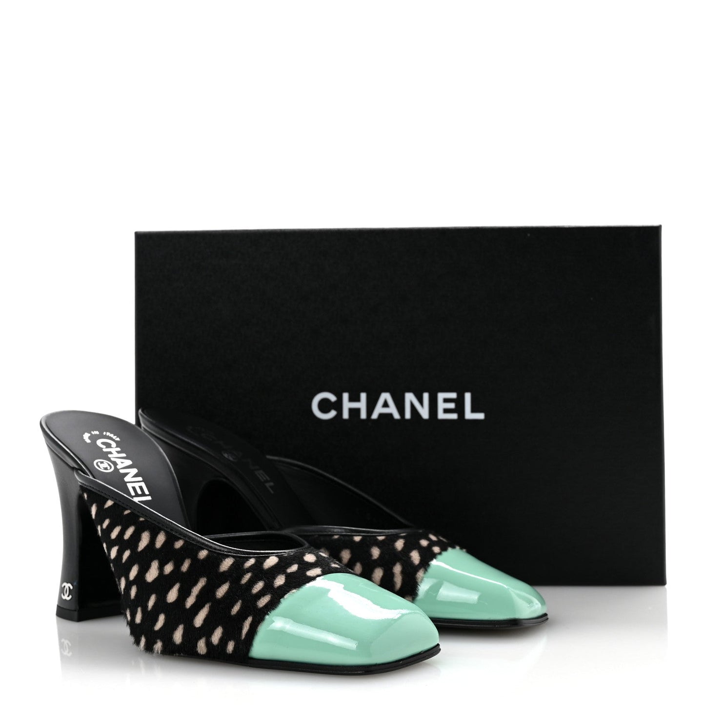 Pony Hair Lambskin Patent Calfskin Cap Toe Mules 39 Black White Green